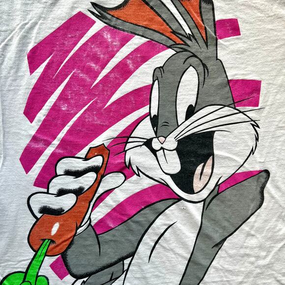 Vintage 90s Big Bugs Bunny Shirt Single Stitch Collegeware White L XL Carrot USA - Picture 2 of 13